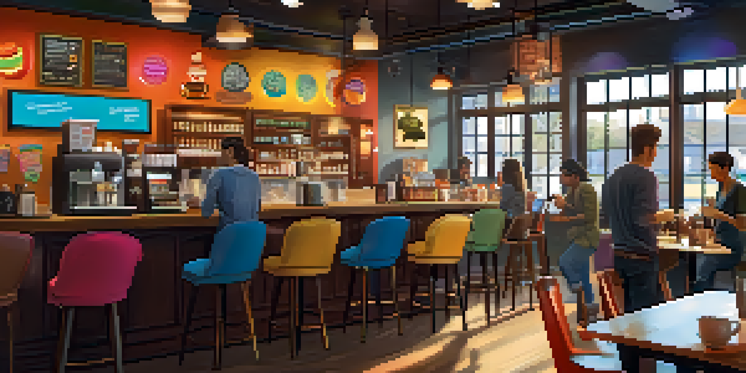A cozy coffee shop with colorful NFT badges on the walls, warm lighting, and customers enjoying conversations while examining digital collectibles.