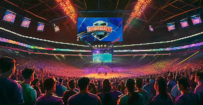 A lively esports tournament filled with enthusiastic fans watching a game on a giant screen, surrounded by colorful lights and digital scoreboards.