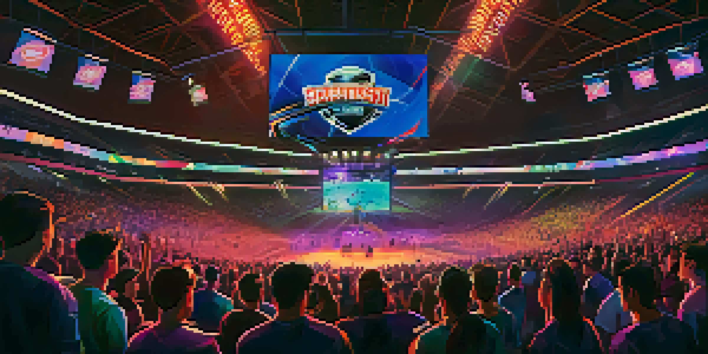 A lively esports tournament filled with enthusiastic fans watching a game on a giant screen, surrounded by colorful lights and digital scoreboards.