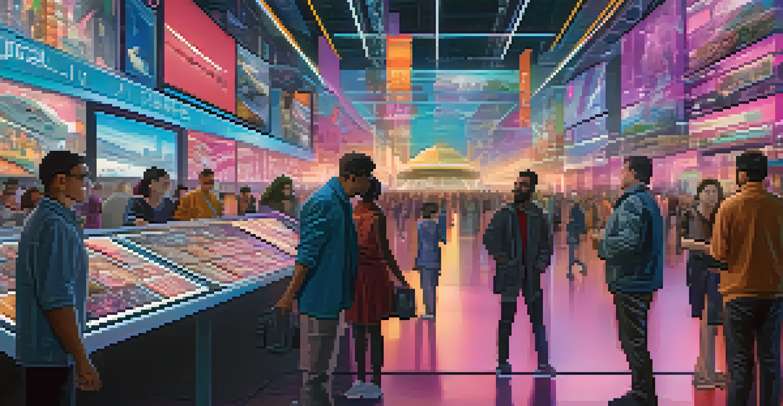 A futuristic marketplace with people buying and selling NFTs amidst colorful holographic displays and modern architecture.