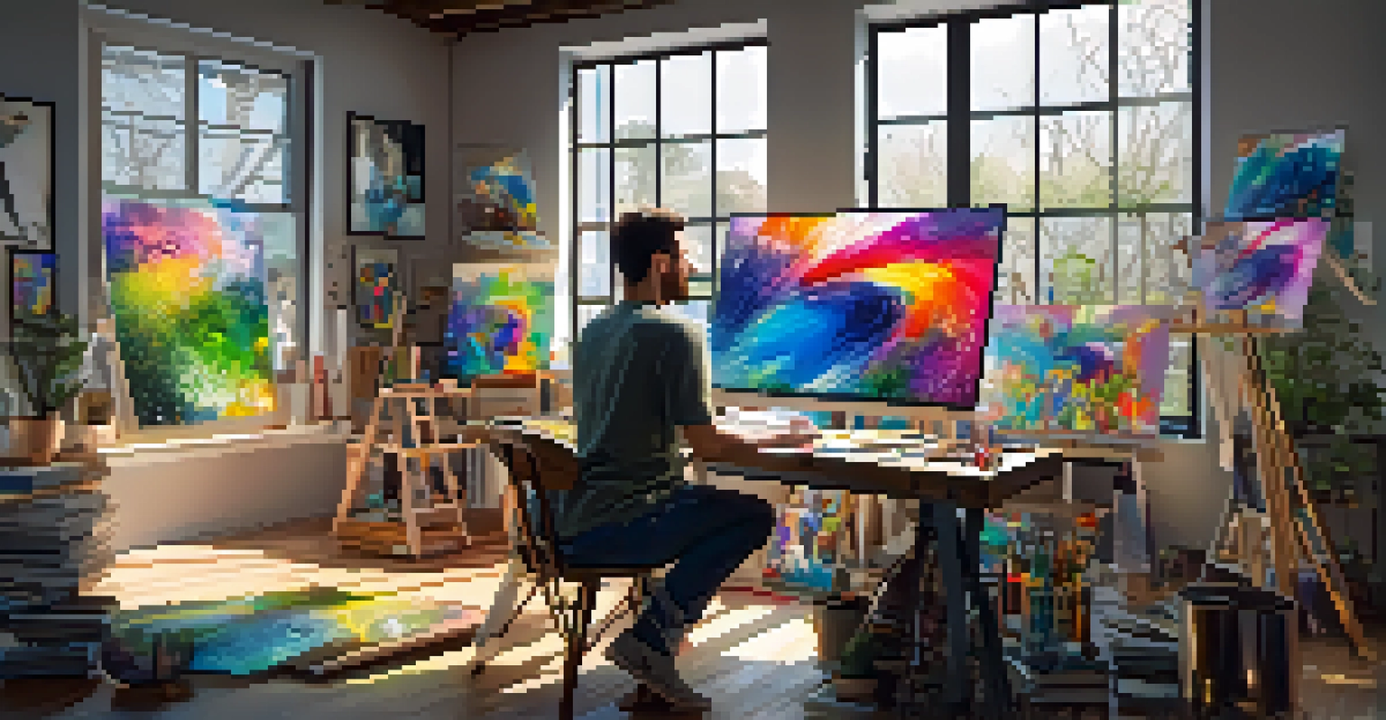 An artist in their studio working on a digital canvas, surrounded by art supplies and sketches.