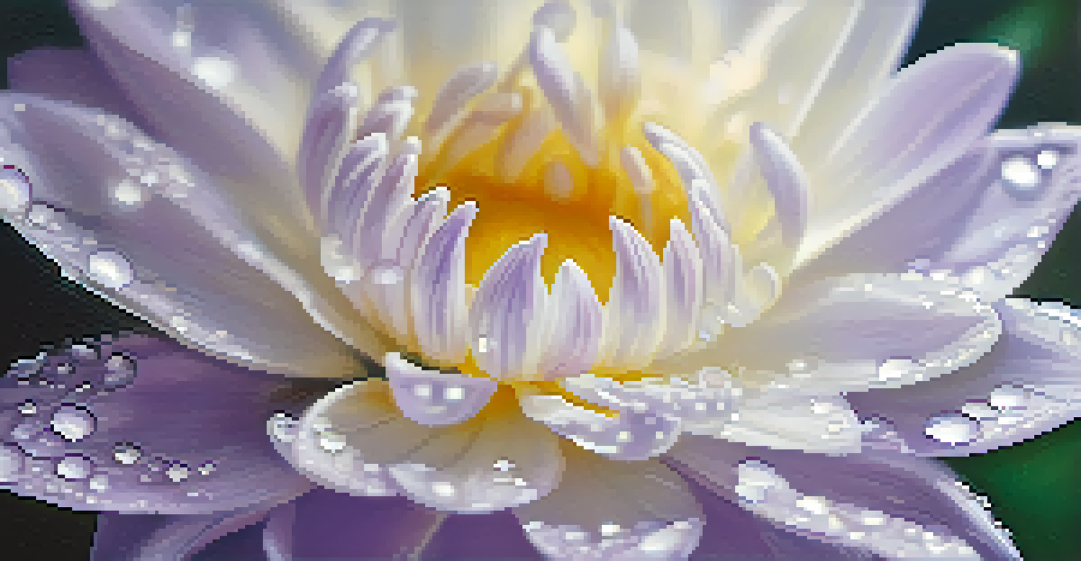 A close-up of a lavender and white flower with dew drops and soft sunlight.