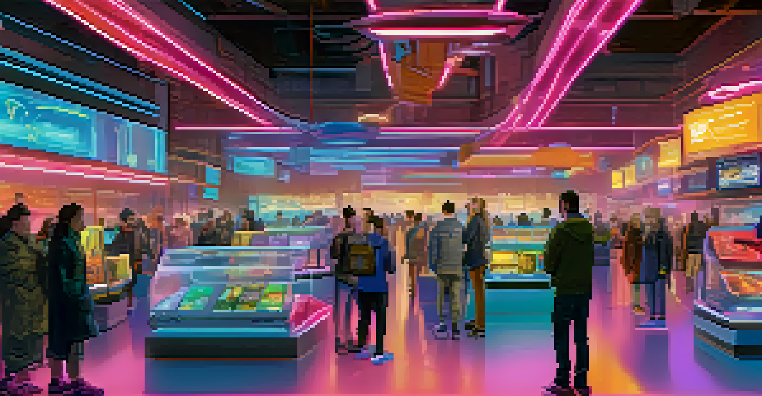 A futuristic NFT marketplace showcasing technology for accessibility, including haptic feedback devices and sign language interpretation displays.