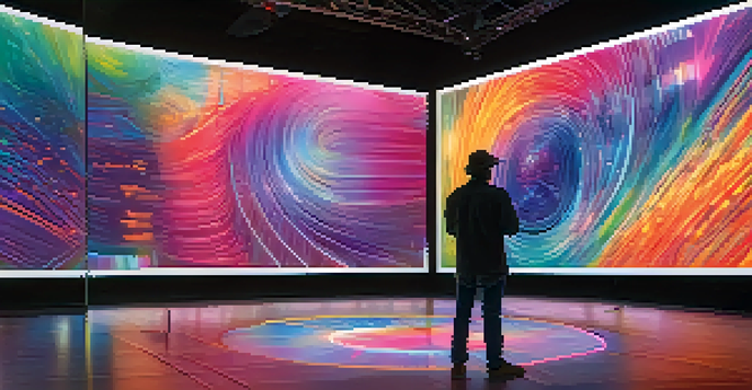 An artist creating interactive digital artwork in a modern gallery, with colorful visuals and ambient lighting.