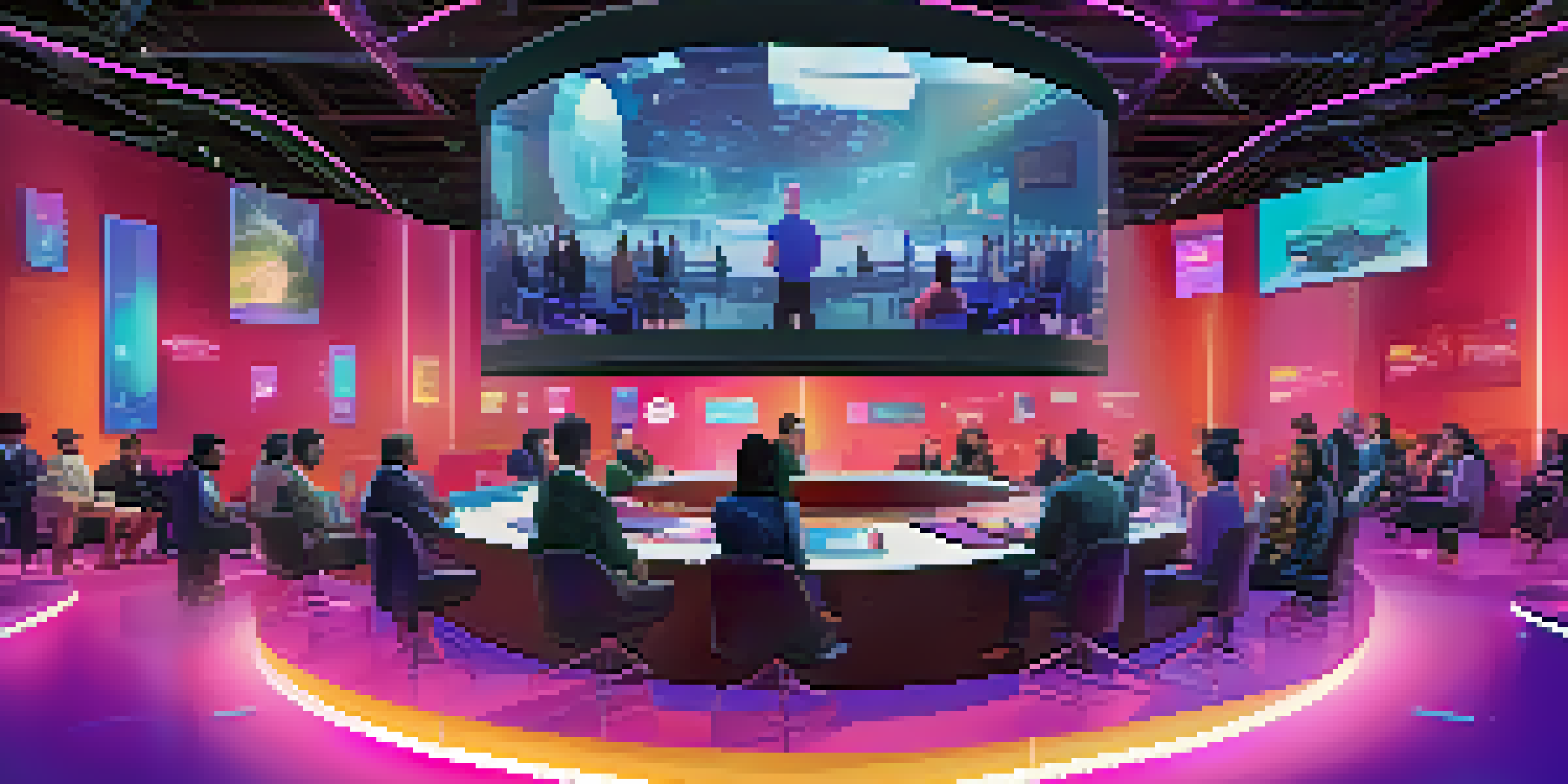 A lively digital conference with attendees networking, displaying digital badges in a futuristic exhibition hall with holographic elements.