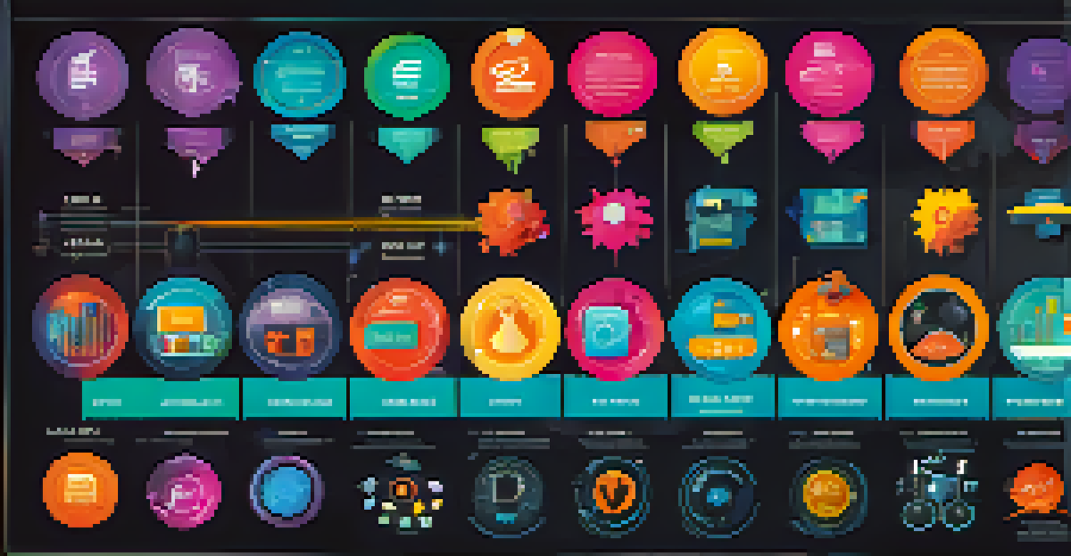 An infographic showcasing gamification elements in an NFT marketplace, with colorful icons and a futuristic design.