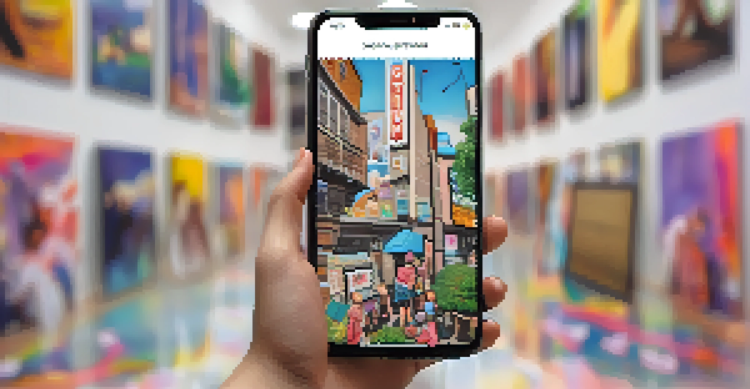 A close-up of a hand holding a smartphone that shows an NFT art piece, with a blurred art gallery in the background.