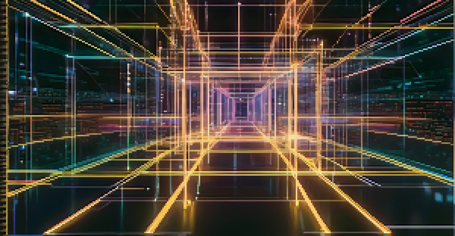A futuristic digital screen displaying a blockchain ledger with glowing code and nodes.