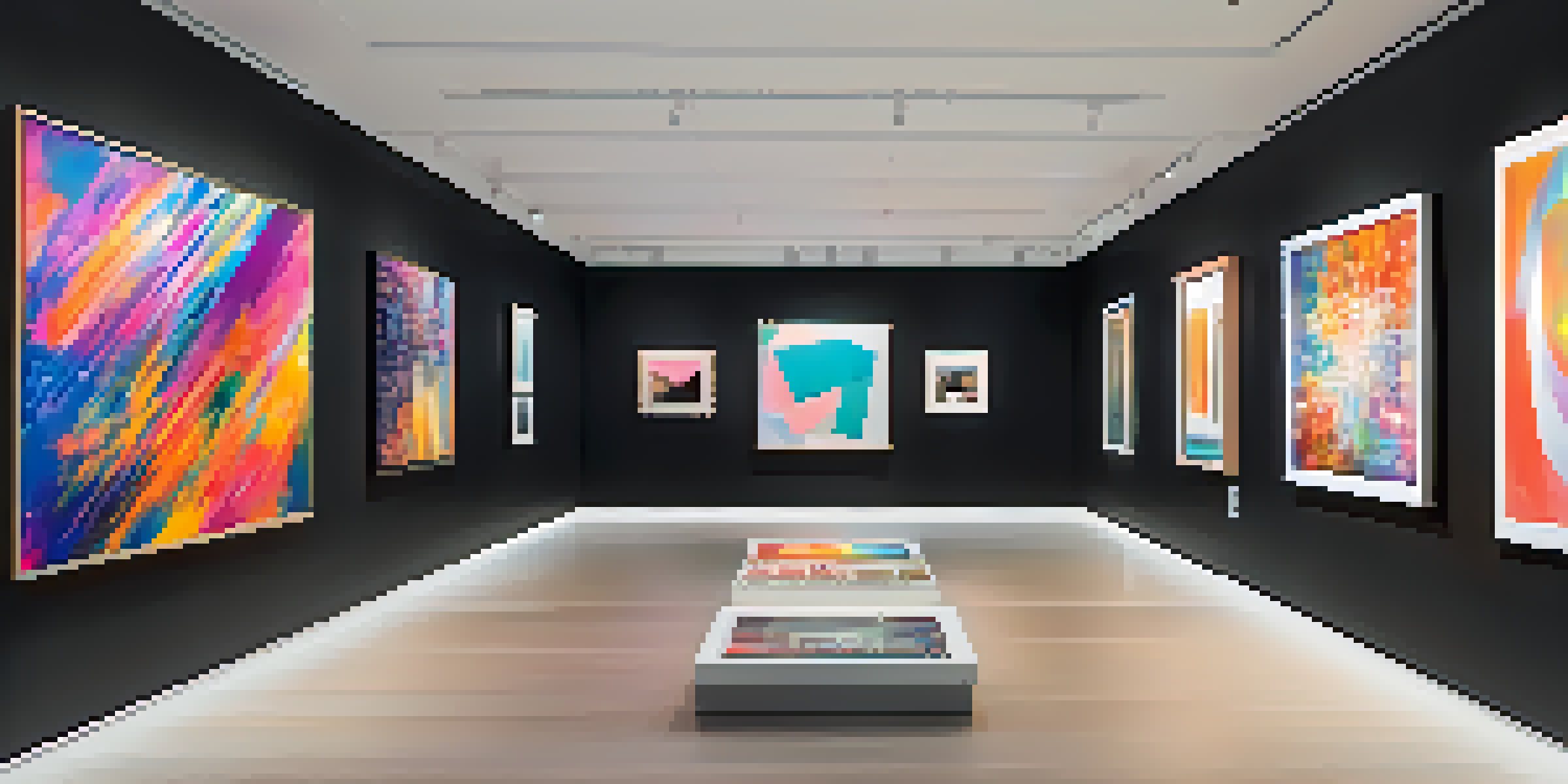 A digital art gallery filled with colorful NFTs, featuring visitors engaging with the artworks under warm lighting.