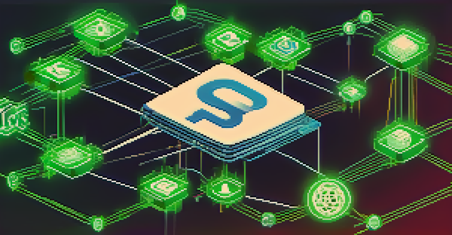 A visual representation of a smart contract operating within a blockchain, with interconnected nodes and a digital wallet transferring an NFT.