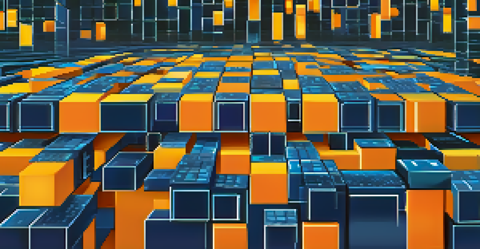 An abstract image depicting blockchain technology with interconnected glowing blocks and binary code in a deep blue background, symbolizing digital transactions.