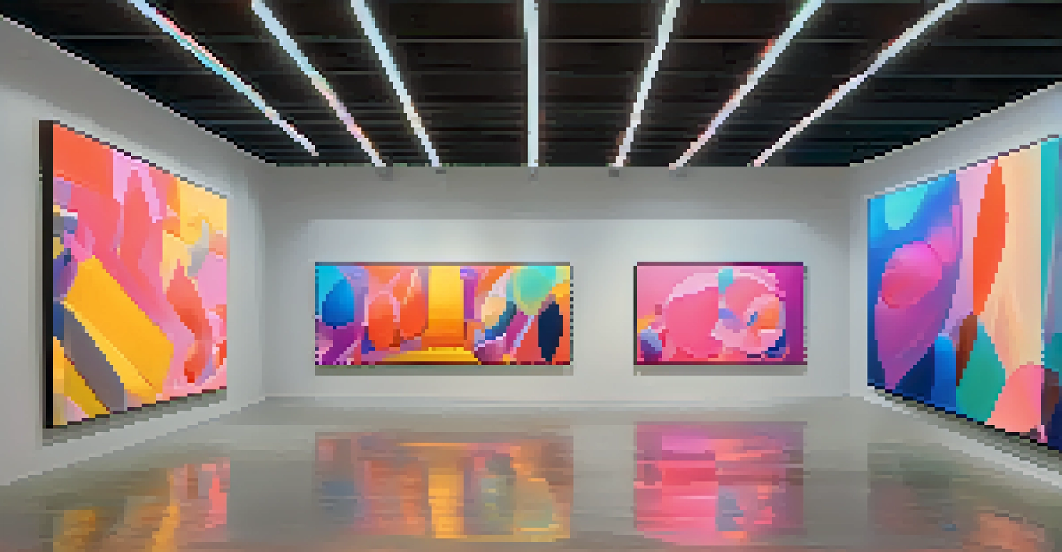 A modern gallery showcasing vibrant digital art NFTs on virtual canvases with abstract shapes and colorful lighting.