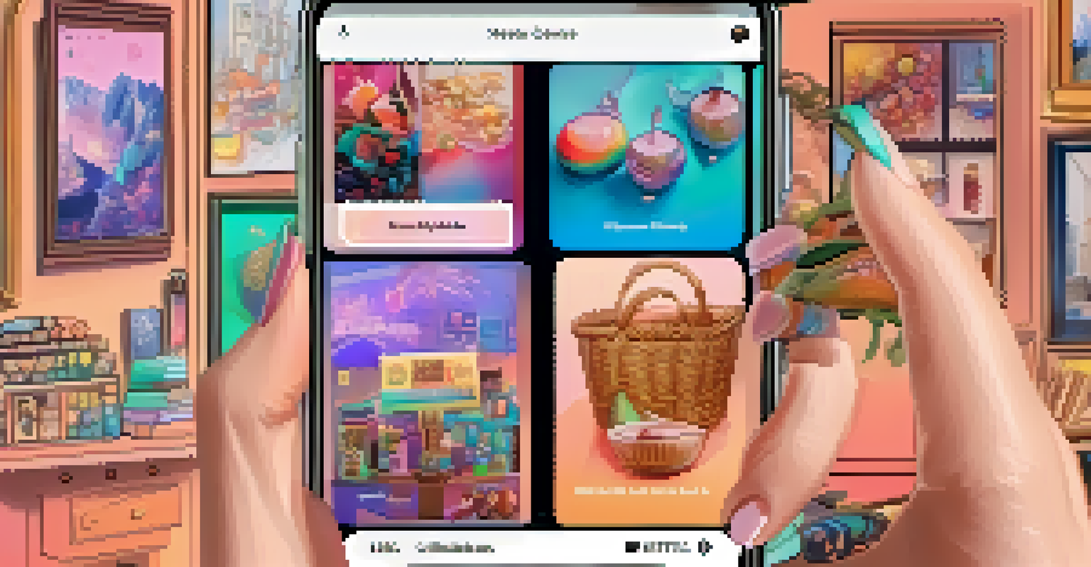 A smartphone showing an NFT marketplace with colorful art thumbnails and notifications, set in a cozy workspace.