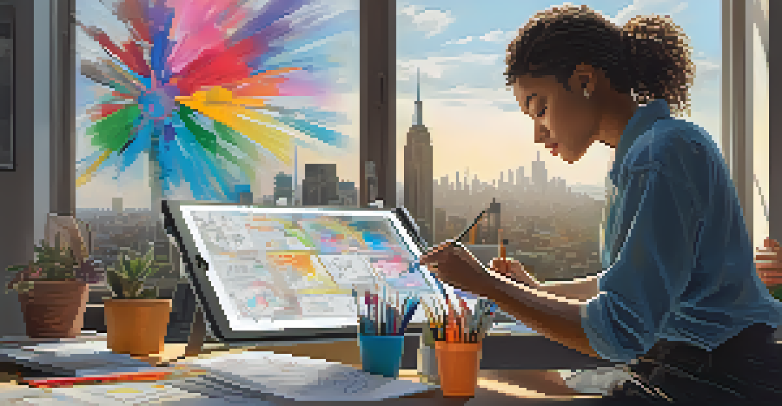 An artist drawing NFT art on a digital tablet in a colorful workspace, with sketches of social issues and a city view outside the window.