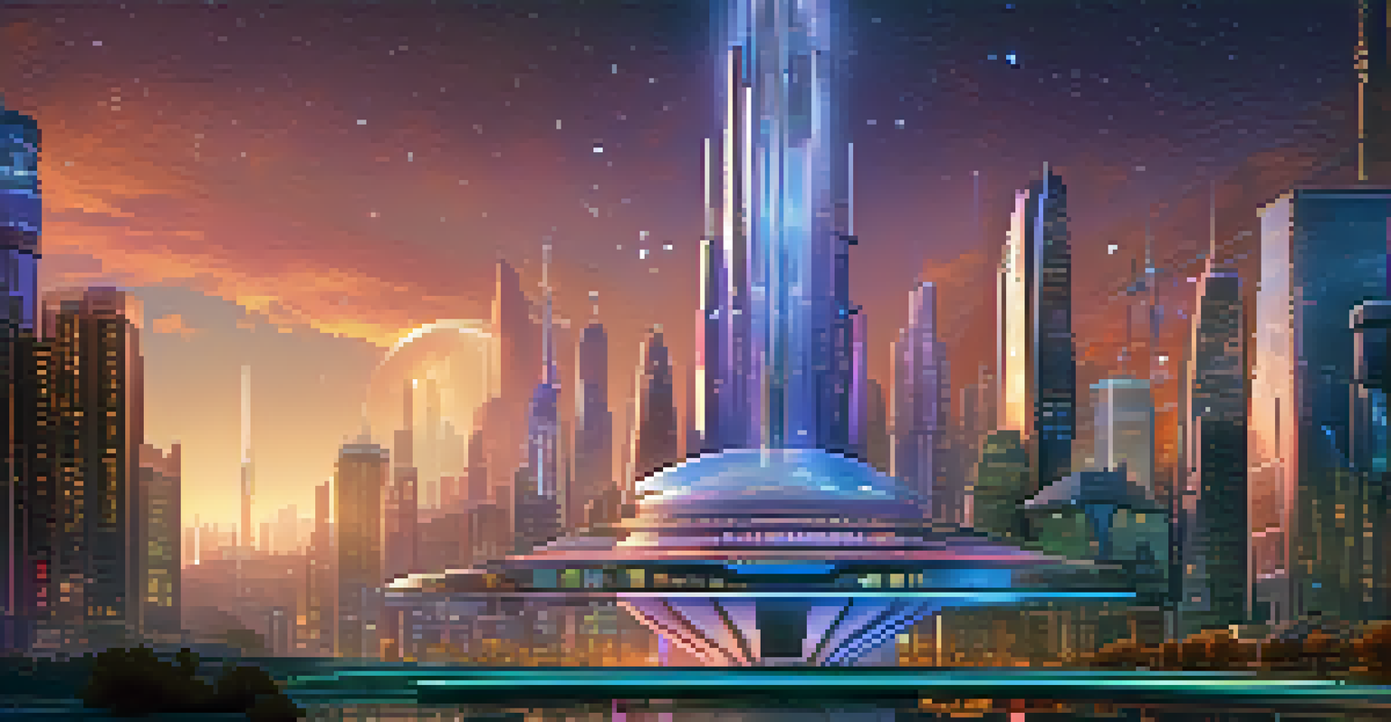 A vibrant virtual cityscape with unique NFT architectural designs against a starry twilight sky.