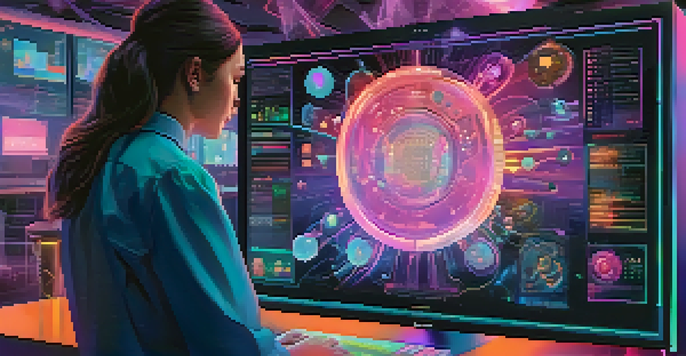 A futuristic scene showing a digital non-fungible token on a computer interface in a laboratory, with scientists collaborating and colorful holographic elements.