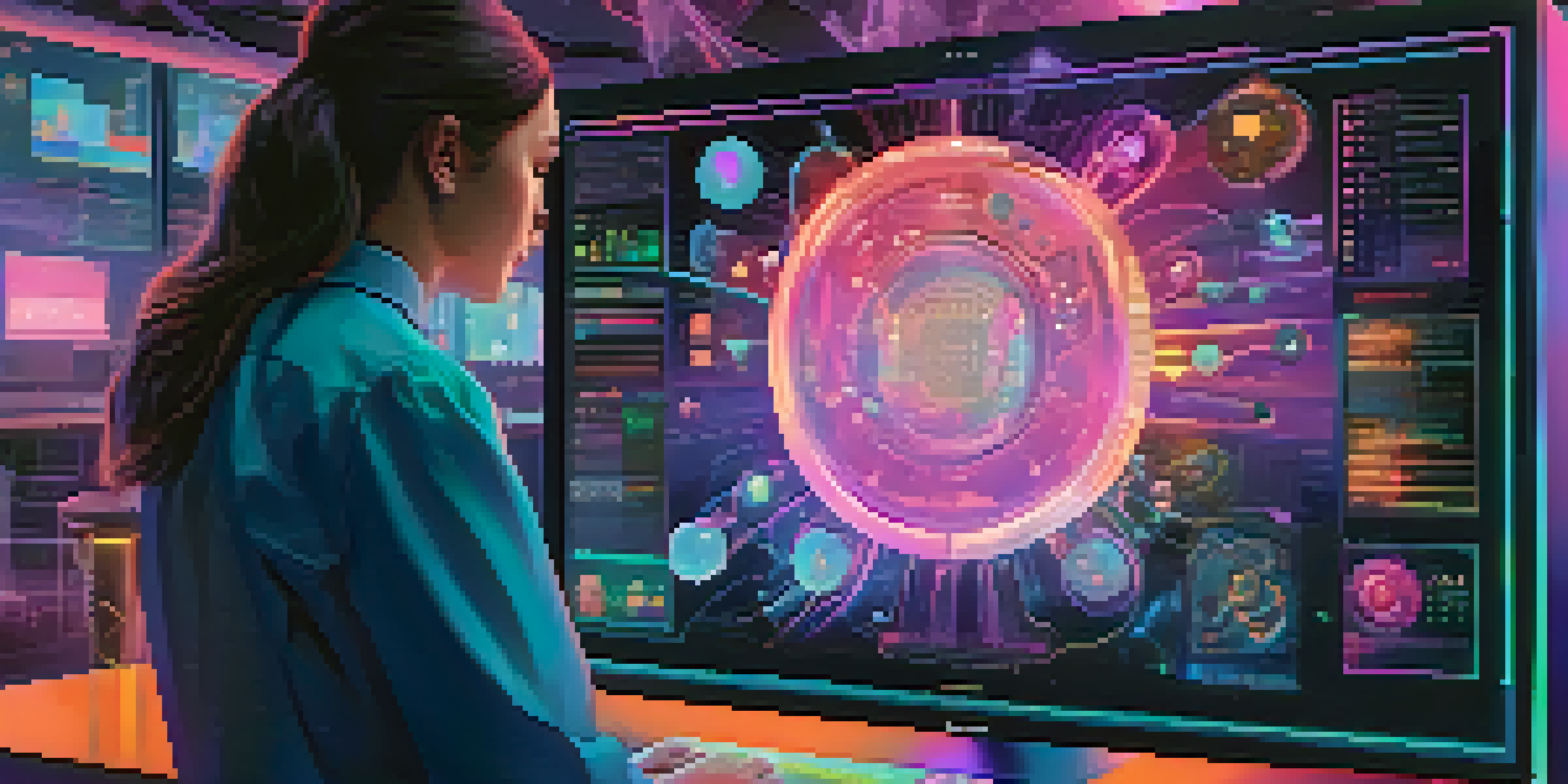 A futuristic scene showing a digital non-fungible token on a computer interface in a laboratory, with scientists collaborating and colorful holographic elements.