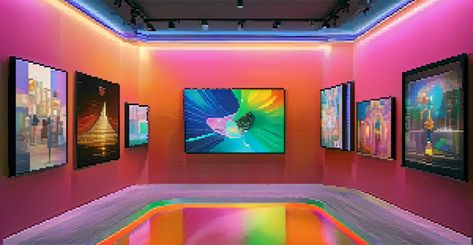A modern art gallery with colorful digital screens displaying unique NFT artworks, each representing different social causes.