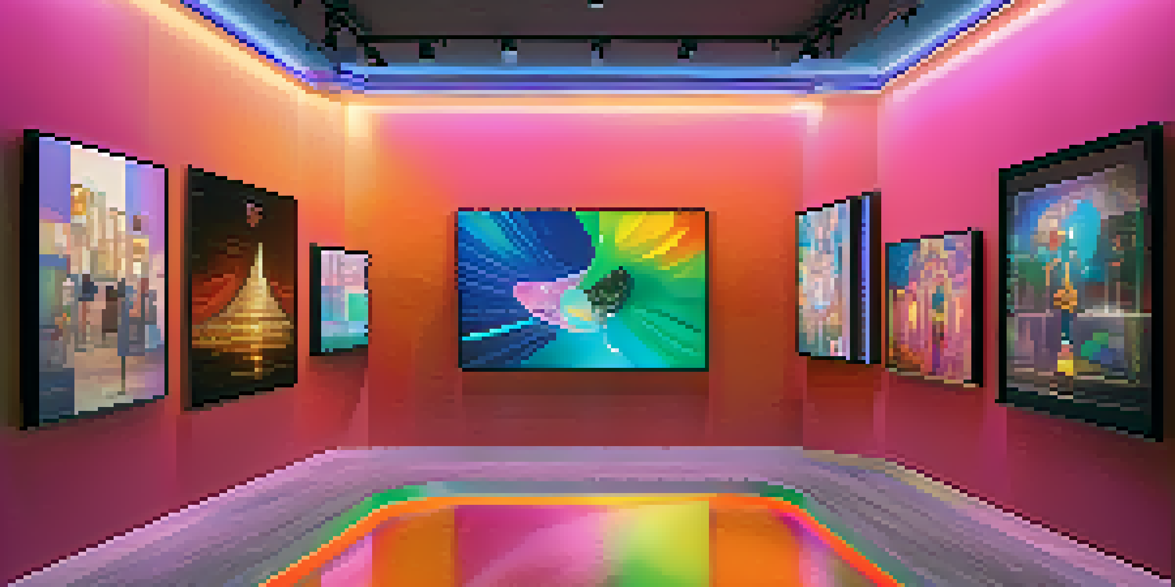 A modern art gallery with colorful digital screens displaying unique NFT artworks, each representing different social causes.
