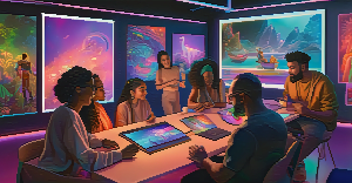 A diverse group of creators in a virtual storytelling session with holographic displays of NFTs.