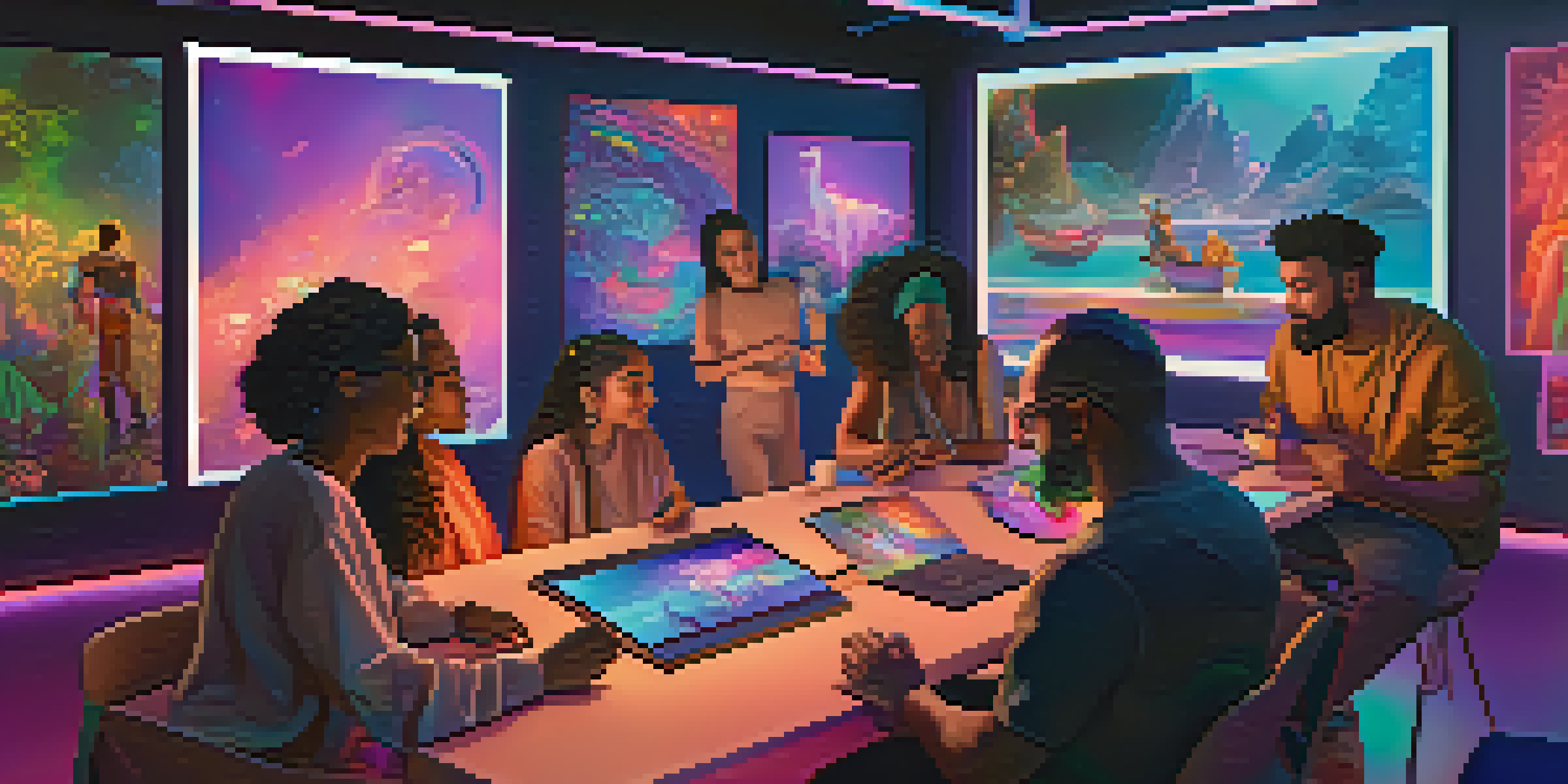 A diverse group of creators in a virtual storytelling session with holographic displays of NFTs.