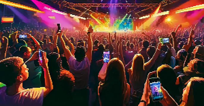 A lively concert with diverse fans enjoying a performance under colorful stage lights, with an artist on stage and visuals in the background.