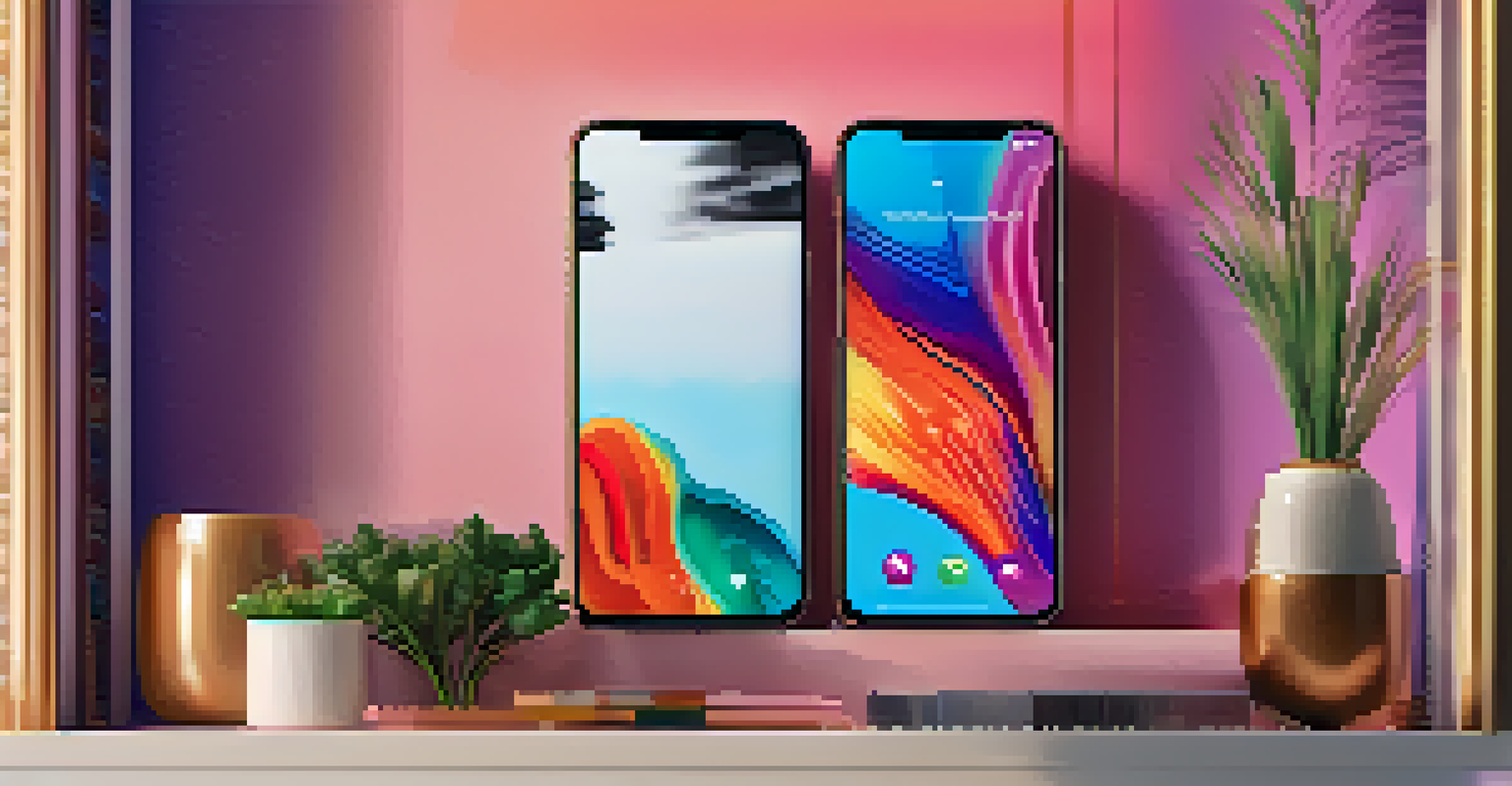 A smartphone screen displaying a colorful NFT artwork in a cozy living room.