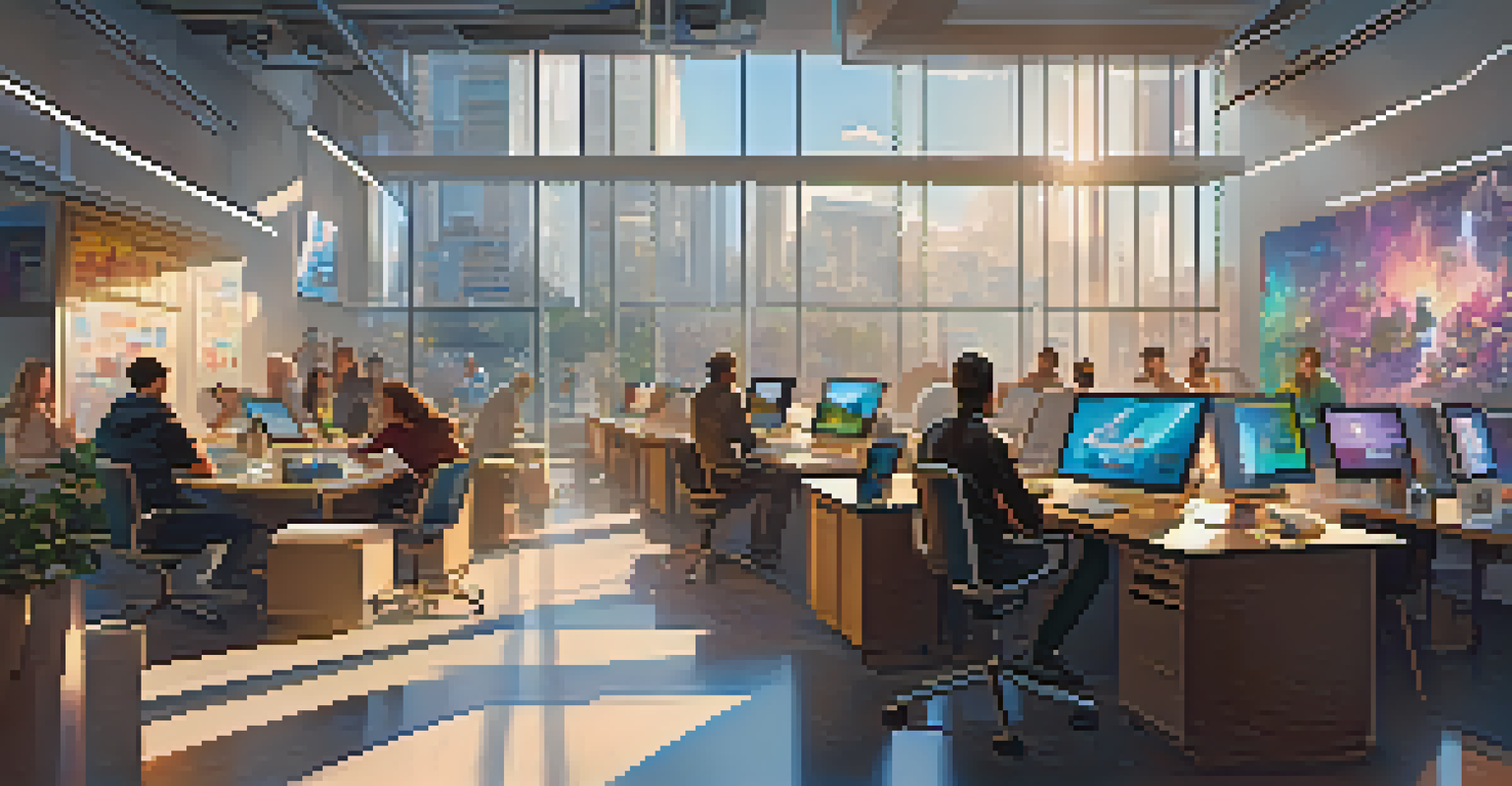 A modern publishing office with authors and publishers collaborating over digital screens showing NFT book sales.