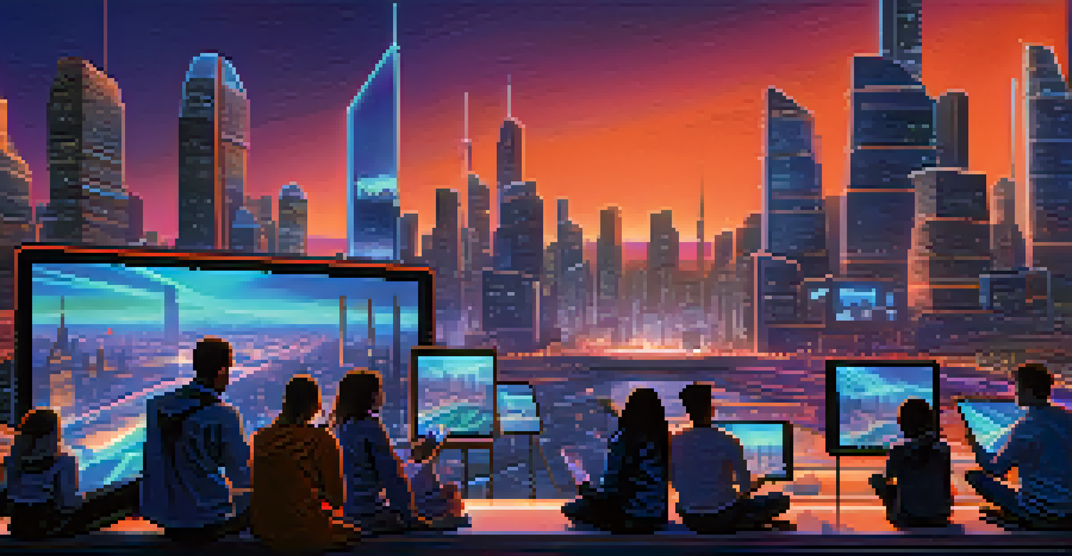 A futuristic city skyline with artists discussing their NFT projects in an innovative atmosphere.