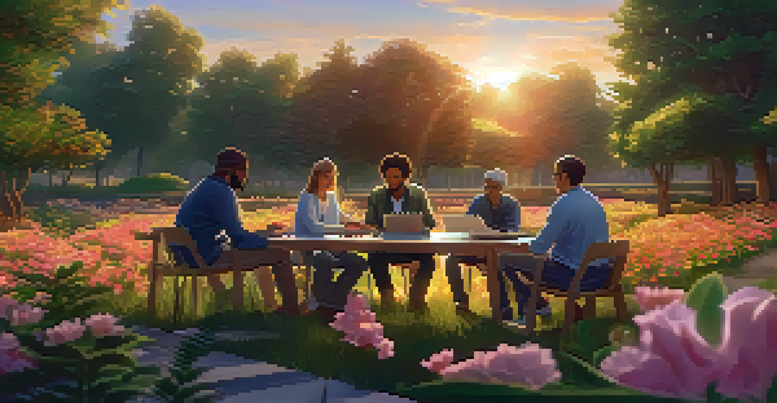 A group of researchers in an outdoor setting discussing their work, holding digital tablets displaying NFTs, with a sunset in the background.