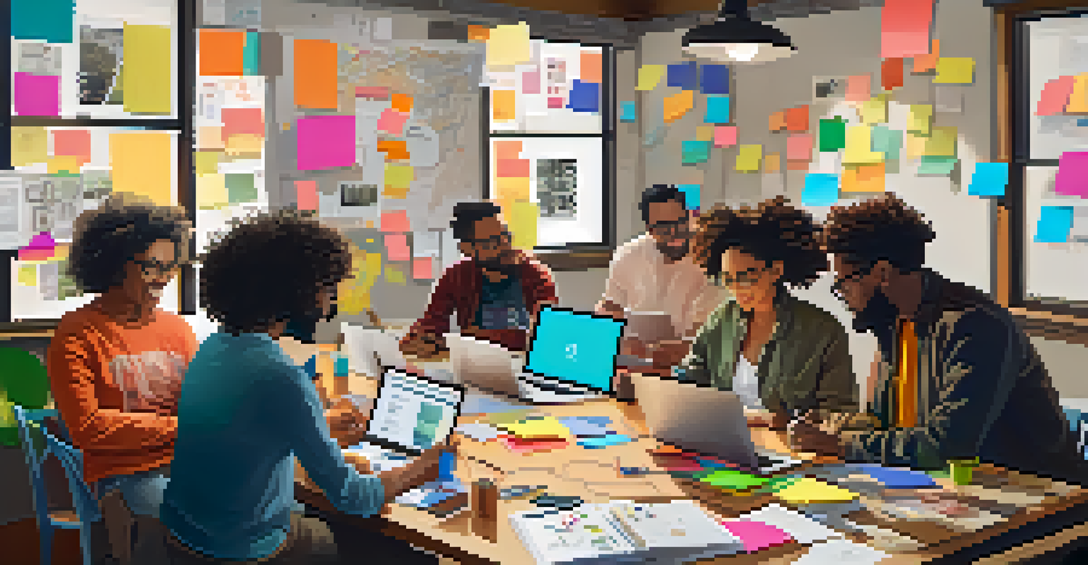 A diverse group of creators collaborating around a table with laptops, notebooks, and colorful sticky notes in a bright room.