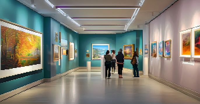 A digital art gallery filled with vibrant NFT artworks, with visitors admiring and discussing the pieces in a warmly lit environment.