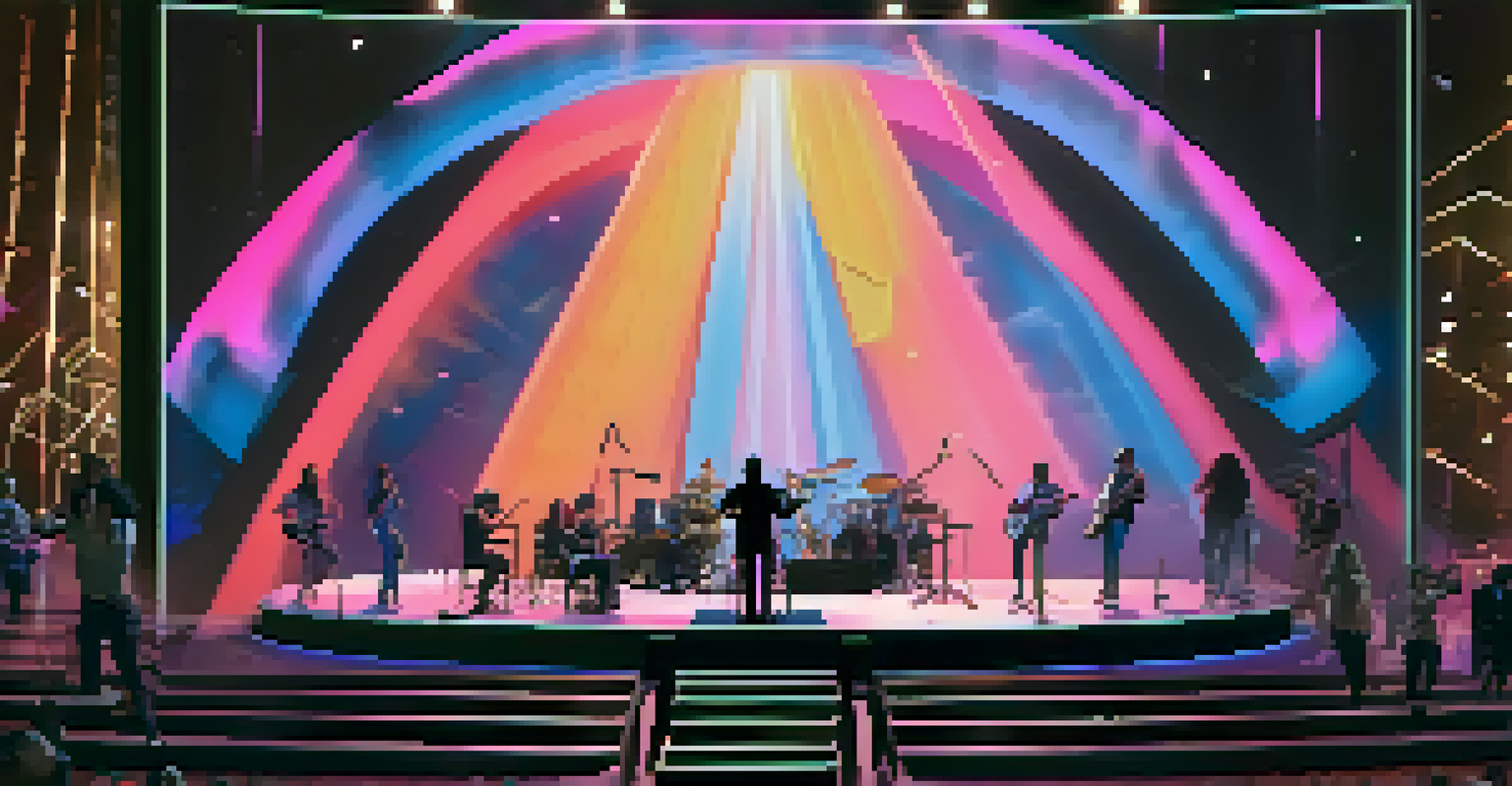 A virtual concert scene with a musician on stage, animated visuals in the background, and audience members holding NFTs.