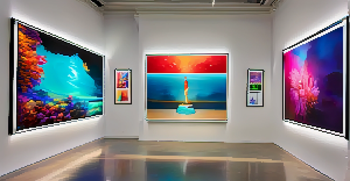 A digital art gallery filled with colorful NFT displays and visitors engaging with the artwork, illuminated by soft lighting.