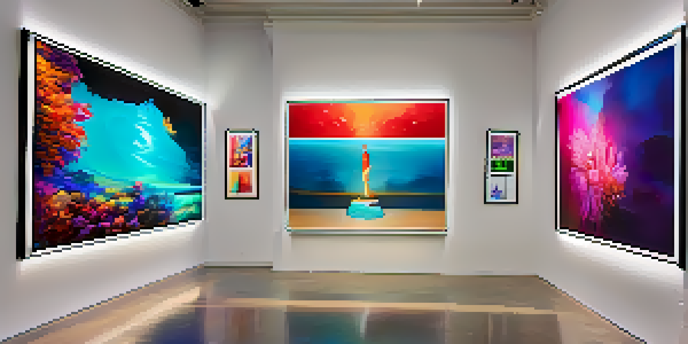 A digital art gallery filled with colorful NFT displays and visitors engaging with the artwork, illuminated by soft lighting.