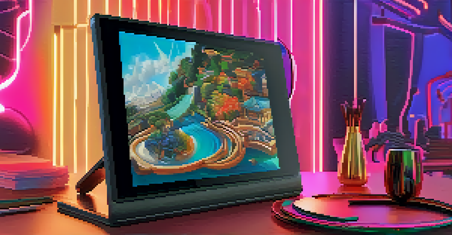 A close-up of a digital device displaying a vibrant NFT artwork, with a blurred background and warm lighting.