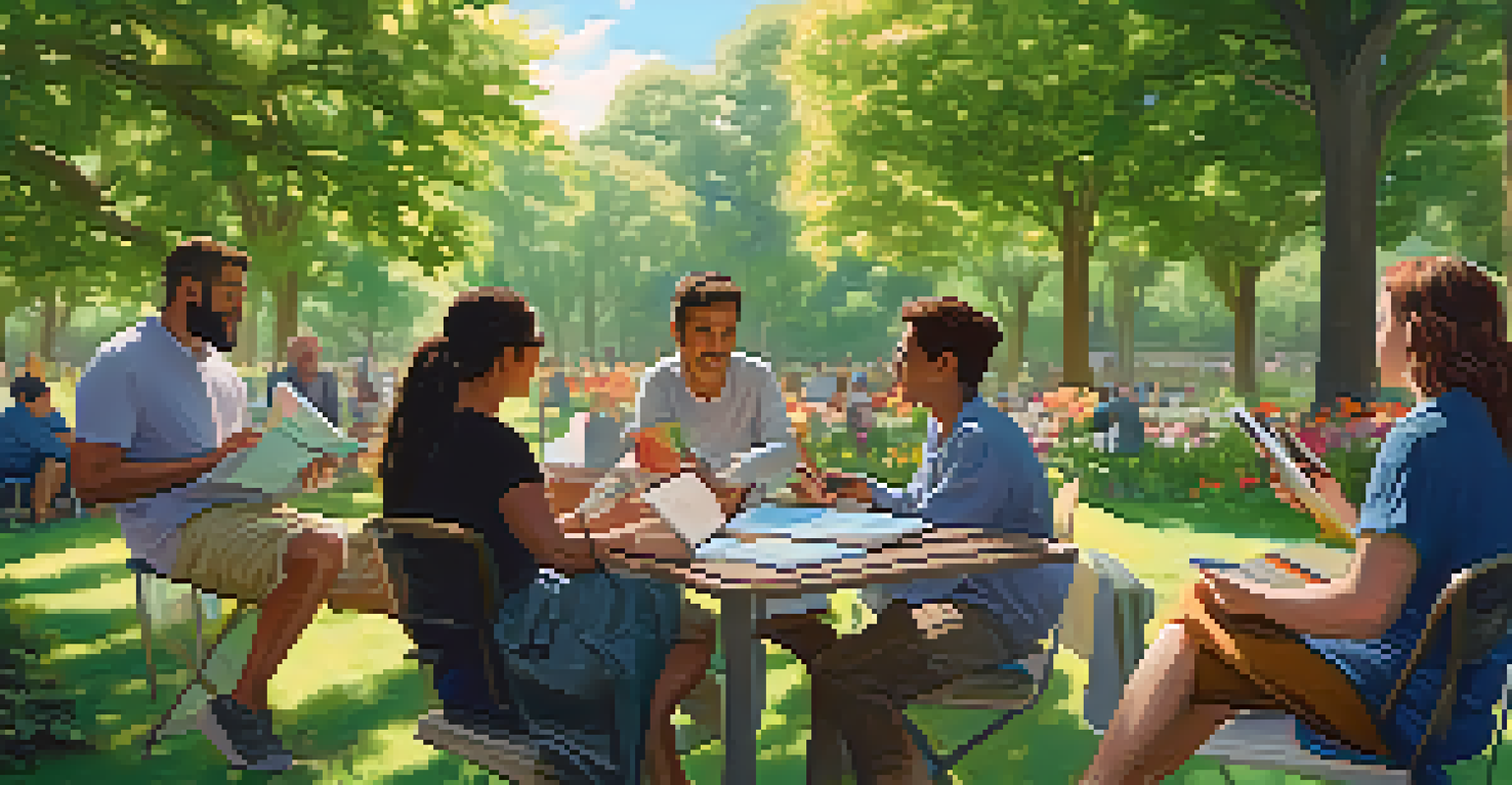 A group of artists collaborating in a park, discussing NFTs amidst greenery and flowers.