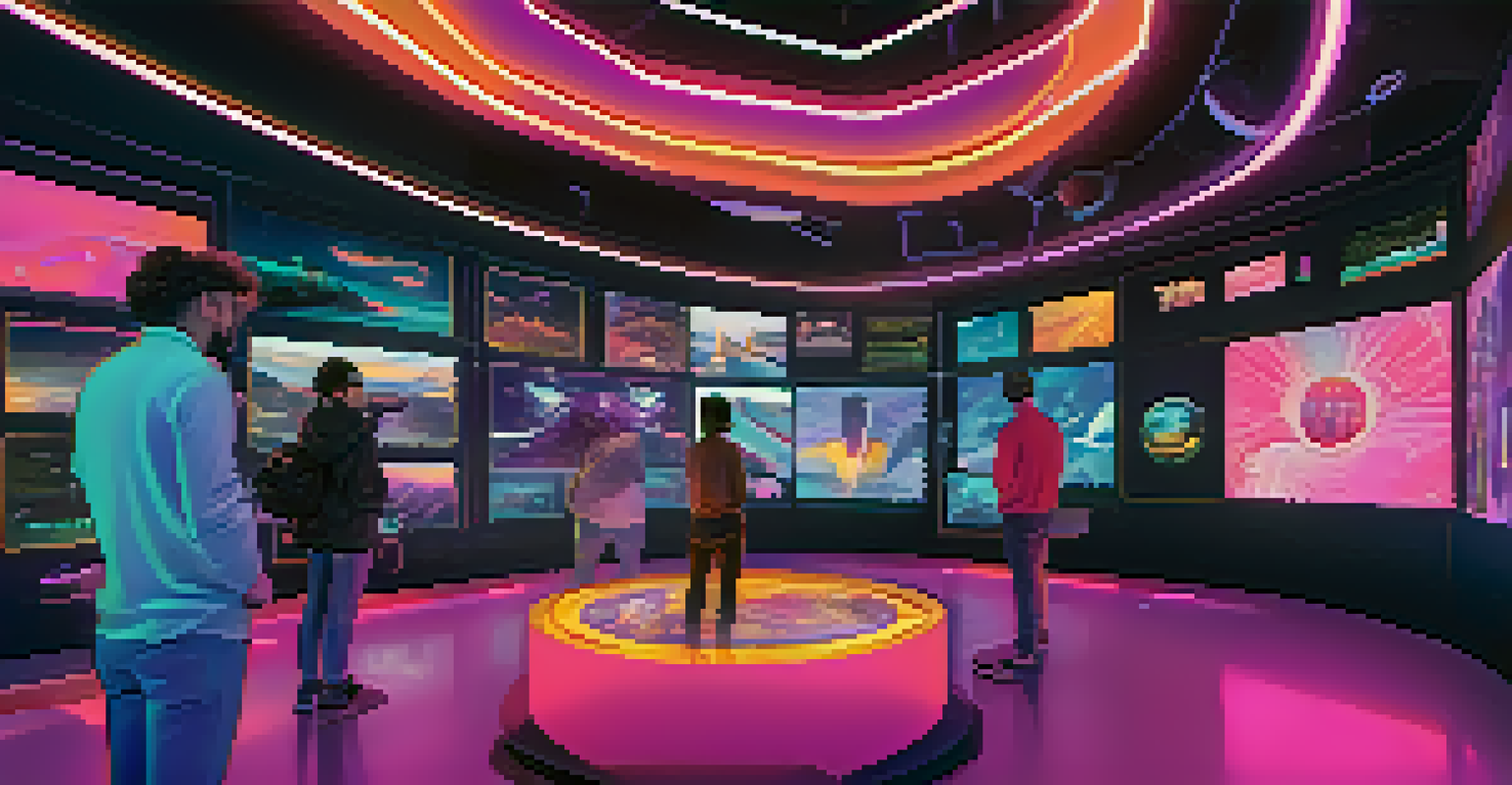 A futuristic virtual reality marketplace filled with holographic displays of various digital assets, including art and music NFTs.