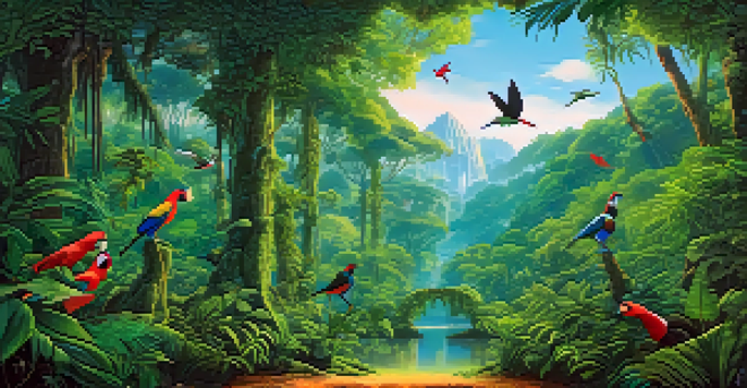 A colorful rainforest with tall trees, birds, and an NFT tag symbolizing conservation efforts.