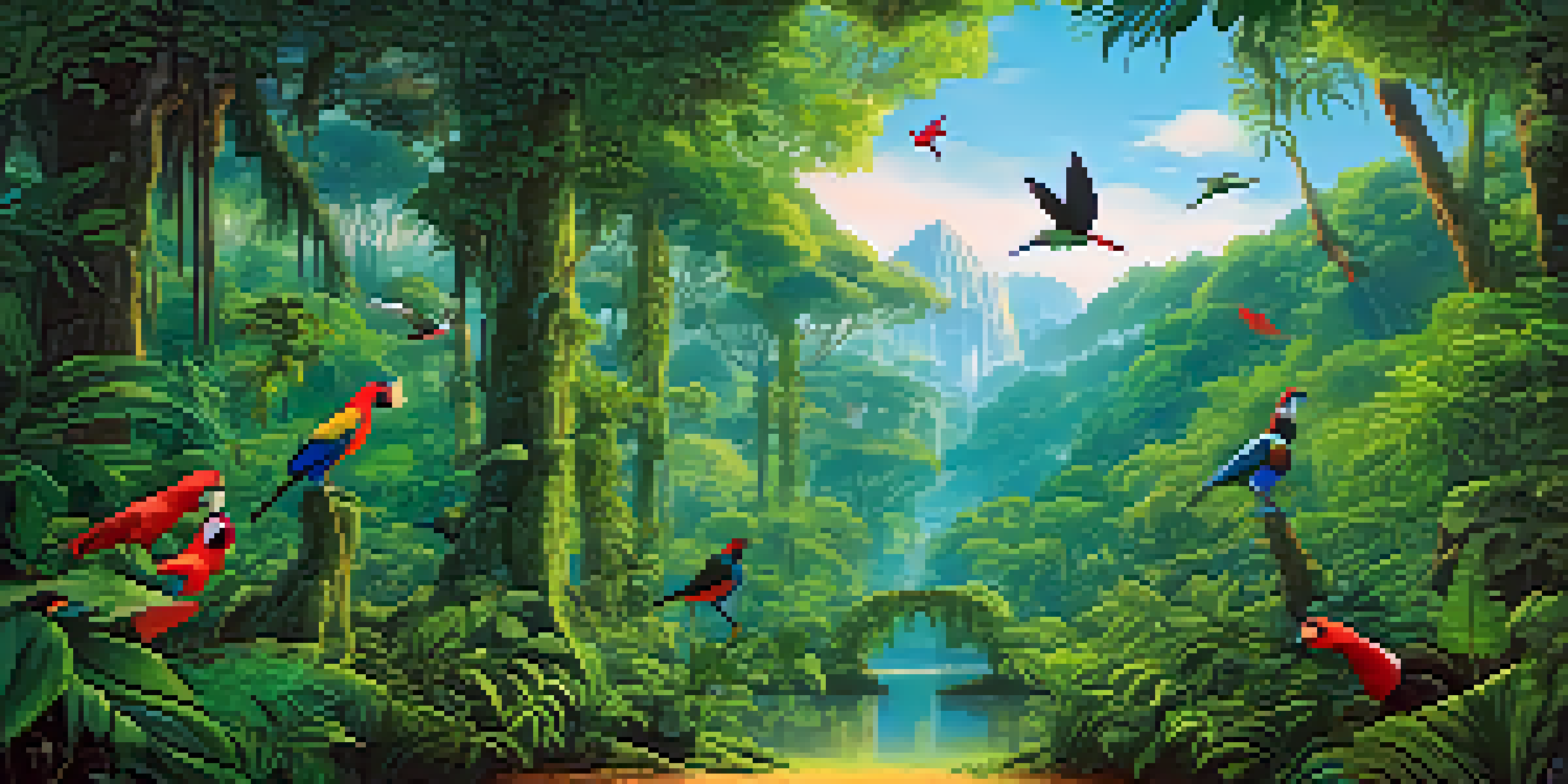 A colorful rainforest with tall trees, birds, and an NFT tag symbolizing conservation efforts.