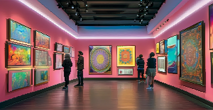 A digital art gallery filled with colorful NFTs, showcasing unique designs under bright lights with visitors admiring the artworks.