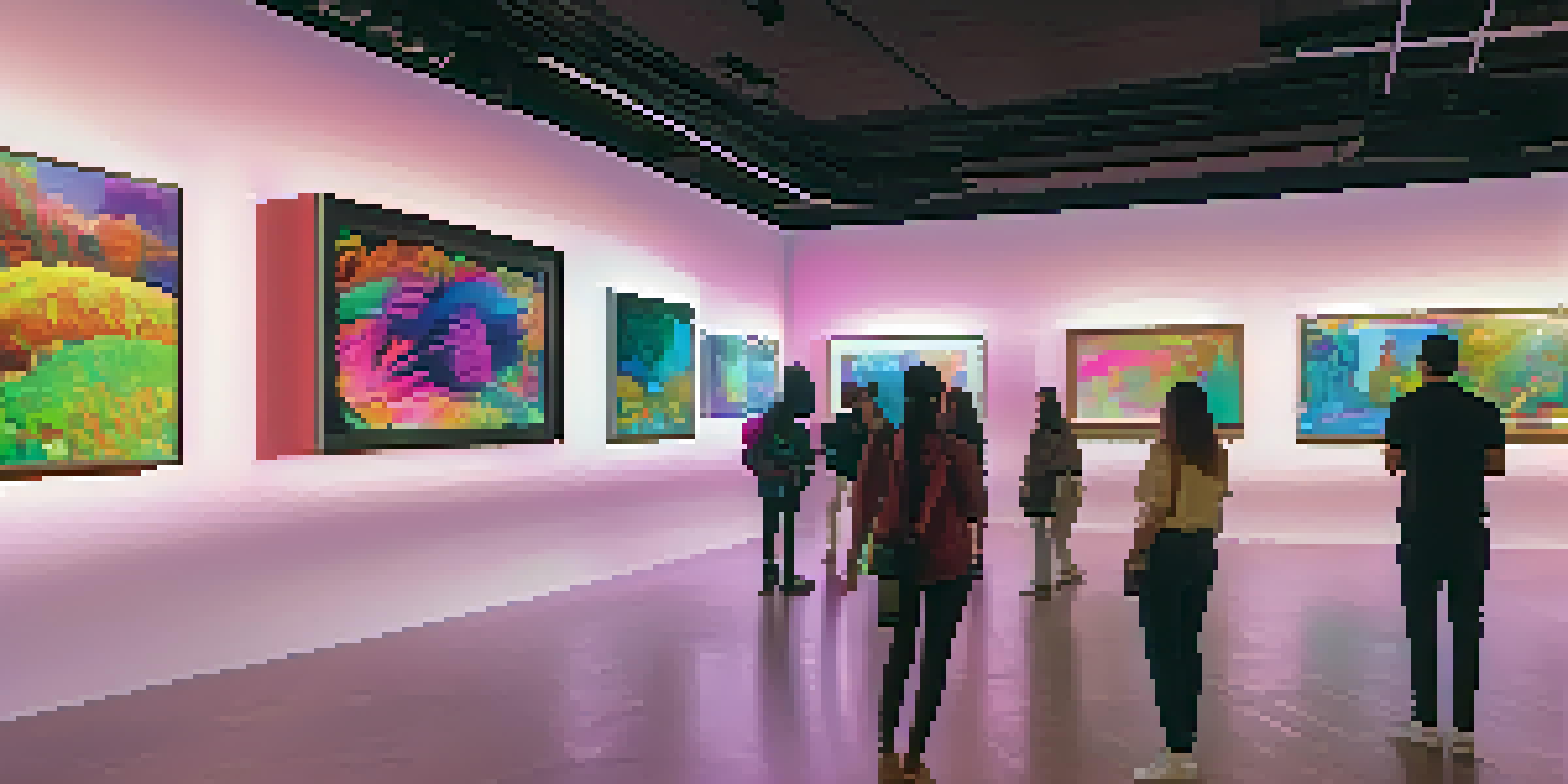 A digital art gallery with various NFTs displayed on virtual frames, featuring diverse people admiring the artworks.