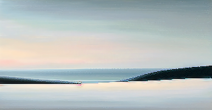 A minimalist landscape with a white background and a single black curved line as the horizon, using soft pastel colors.