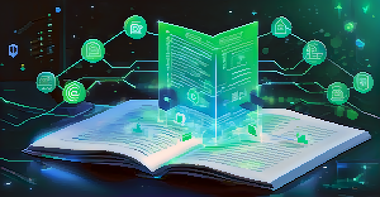 A glowing digital document symbolizing smart contracts, surrounded by icons of ownership and security.