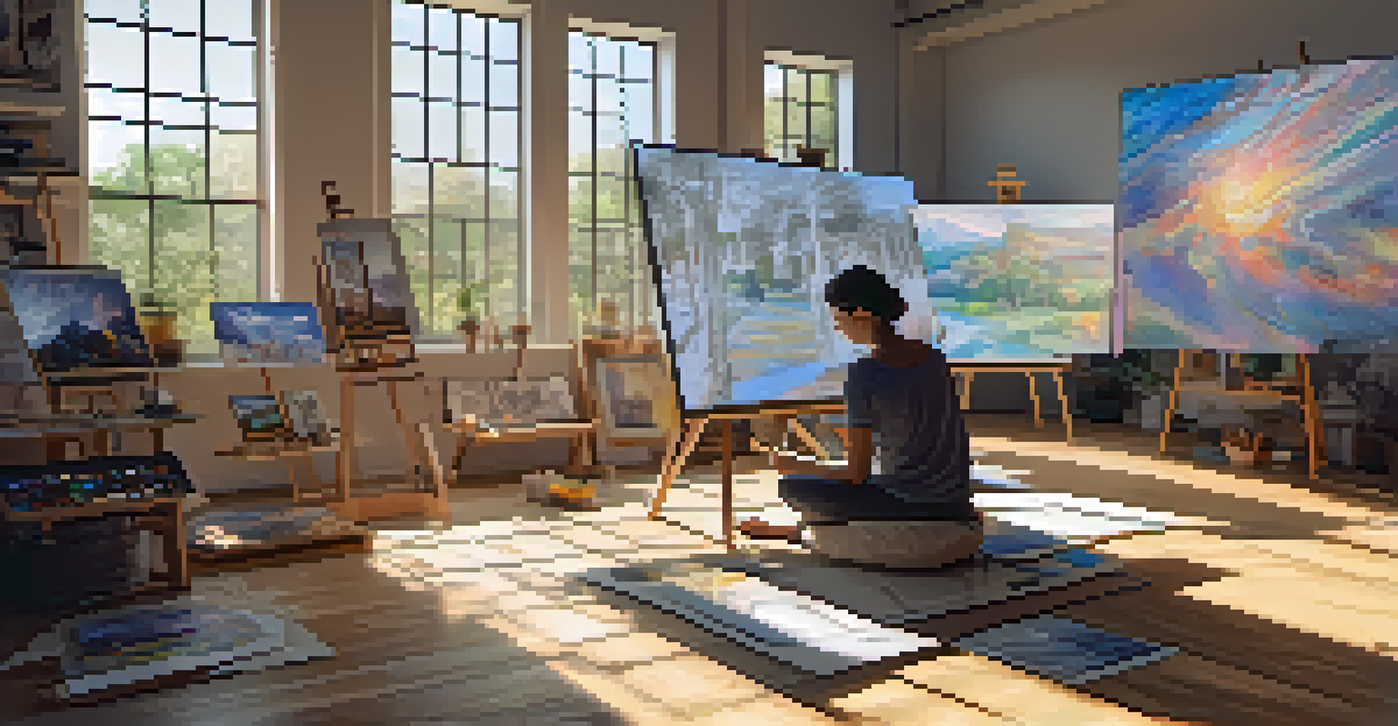 An artist's studio with digital art displays and an artist interacting with an NFT on a tablet, illuminated by sunlight.