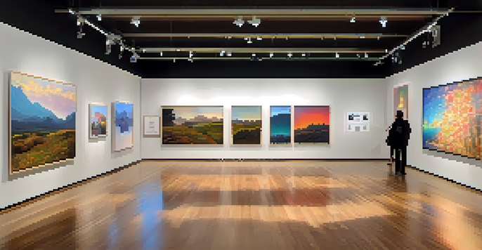 A digital art gallery displaying colorful NFTs with visitors admiring the artwork in a warmly lit space.