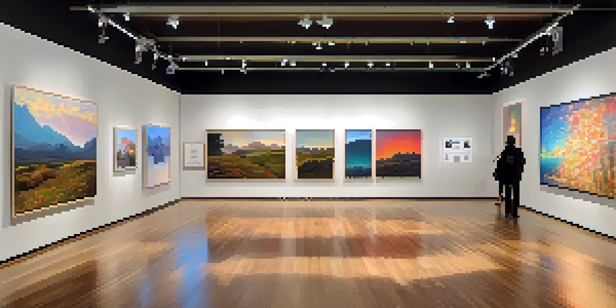 A digital art gallery displaying colorful NFTs with visitors admiring the artwork in a warmly lit space.
