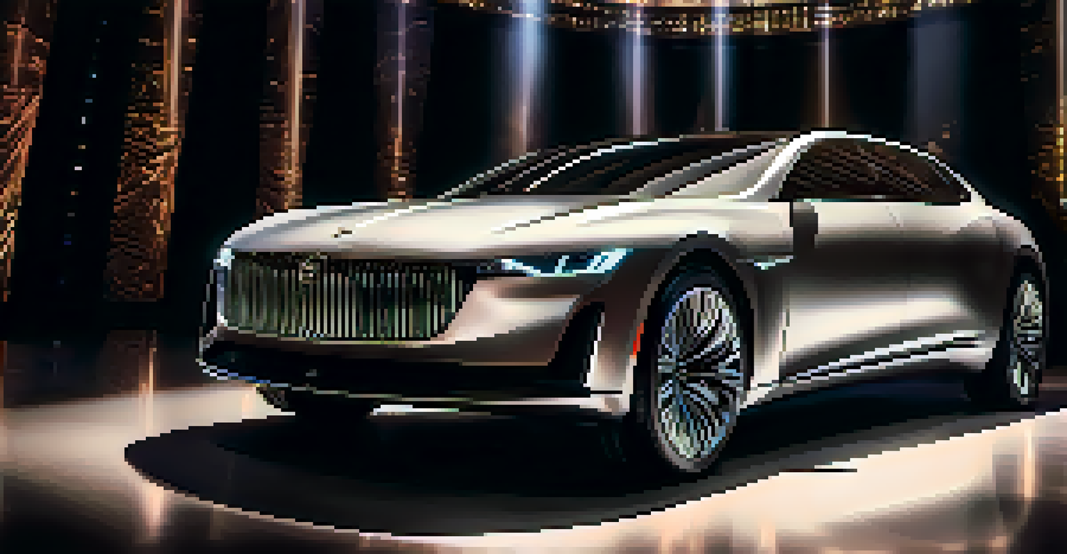 A luxury car displayed at an event with dramatic lighting, alongside a digital screen showcasing an exclusive NFT that offers VIP access.