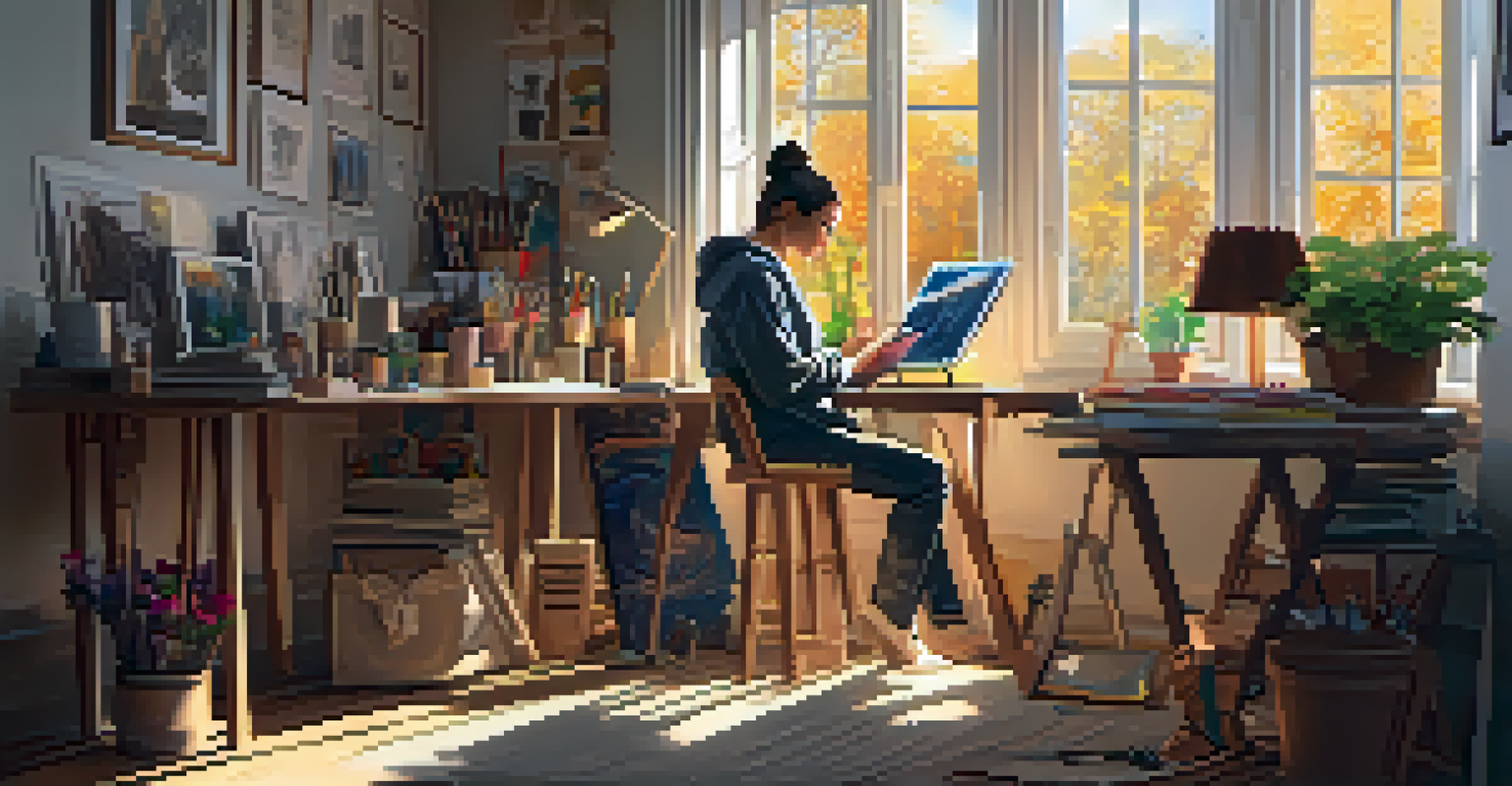 An artist in a cozy studio, using a digital tablet to create an NFT with warm sunlight coming through the window.