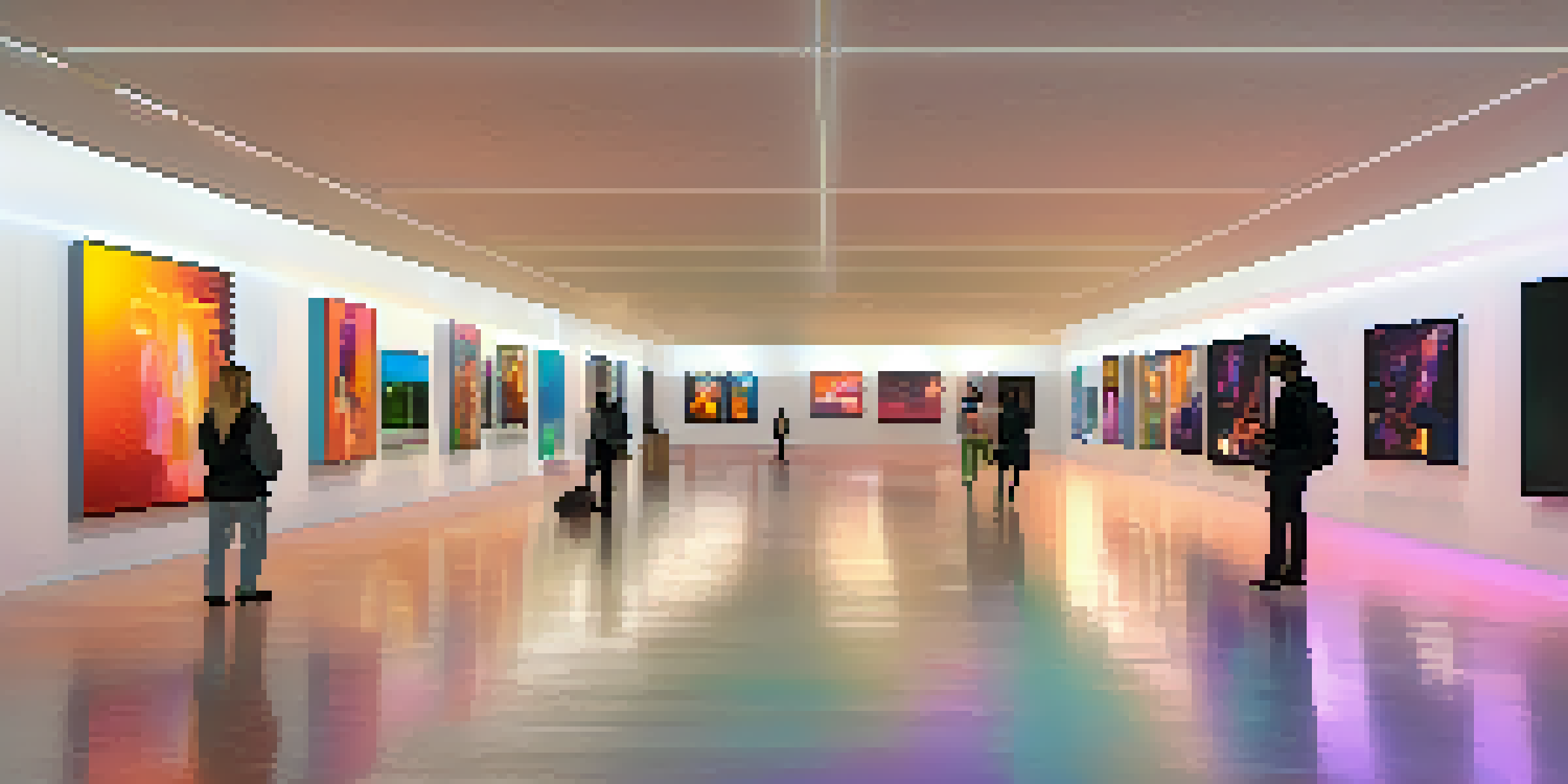 A digital art gallery filled with unique NFT artworks displayed on colorful screens, with diverse visitors exploring the space.